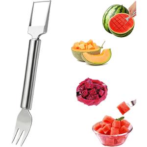 2-in-1 Dual Head Watermelon Slicer Fork, 304 Stainless Steel Fruit Cube Cutter Tool, 1 Pack