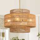 17.7Boho Rattan Chandelier for Dining Room, 4-Light Hand Woven Pendant Light Fixture Farmhouse Rustic Ceiling Hanging for Kitchen Island Bedroom Living Room Nursery Foyer, 17.7 Brown