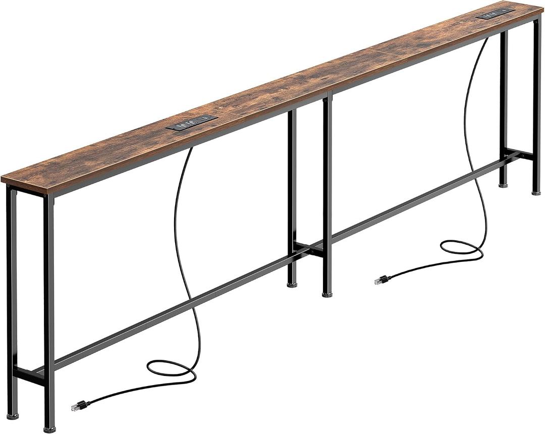 SUPERJARE 86.6 Inch Sofa Table with 2 Power Outlets and USB-C Ports, 5.9 Inch Narrow Console Table with Storage, Long Entryway Hallway Couch Table Behind Sofa, Small Spaces, Living Room, Rustic Brown, 5.9"D x 86.6"W x 29.7"H