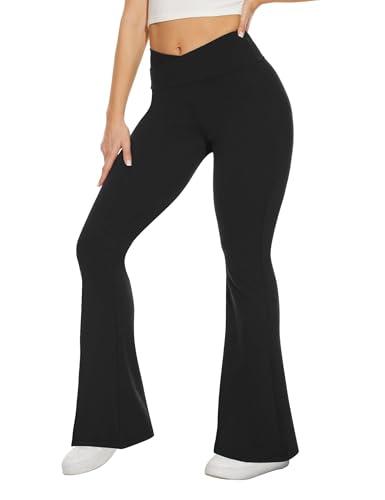 TNNZEET Black Flare Leggings for Women, Crossover Yoga Pants with Pockets Bootcut Flared Leggings Bell Bottom Pants (Black, 2XL)