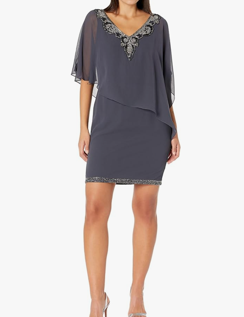 J byKara Women's V Neck Capelet Short Cocktail Floral Beaded Dress, Size 8