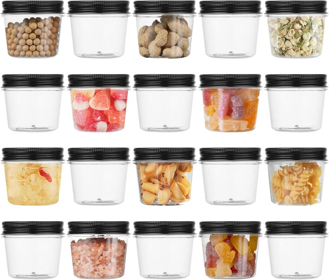 Plastic Mason Jars 4 oz 20 Pack Storage Containers with Lids | Clear,Plastic,Food Safe,BPA Free,Good sealing,See Through,Leak Resistant,Wide Mouth Design