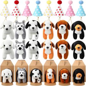 12 Set Mini Plush Toy Stuffed Animals Adopt a Dog Set with 12 Stuffed Dogs 12 Kraft Paper Boxes 12 Birthday Hats for Boys and Girls Animal Theme Birthday Party Favors(Brown)