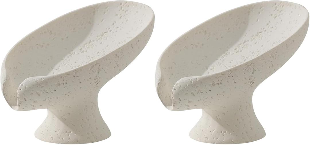 Soap Dish, 2 PCS Self Draining Bar Soap Holders, Leaf Shape Soap Saver for Shower Bathroom Sink Countertop Kitchen Bathtub, Keeps Soap Tray Dry, Resin Travertine Stone Look (Cream)