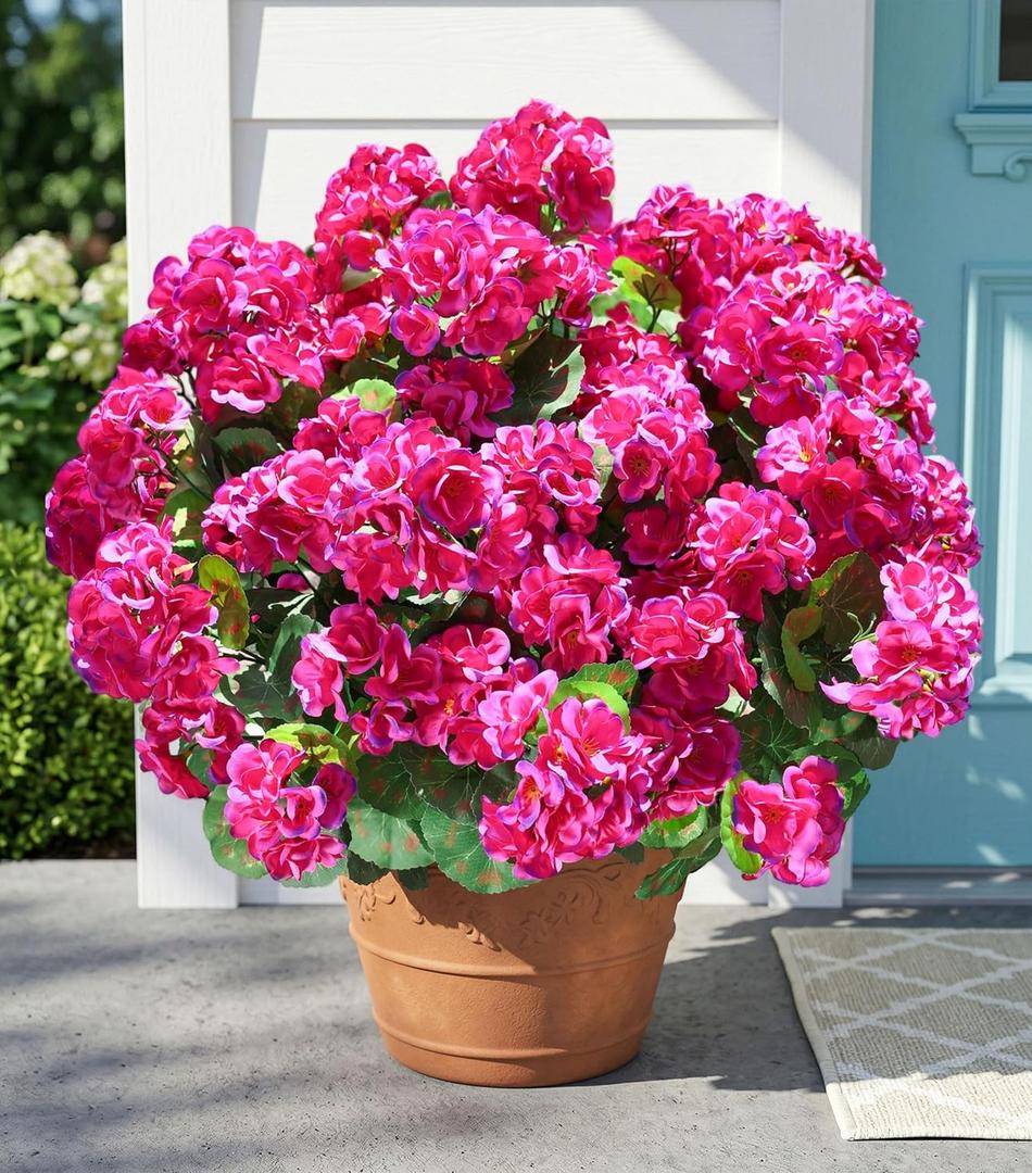 Fake Geraniums Artificial Flowers for Outdoors Outside, 6 Bundles Fuchsia Silk Geraniums Fake Flowers Plants Realistic UV Resistant Faux Flowers for Outdoor Planters Garden Balcony Yard Porch Indoor