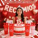 Jingmore 6 Pcs Quinceanera Party Favors for Guests 15th Quinceaera Squad Reusable Tumbler with Straw Lid Twist Bow 24 oz Spanish Gift 15 Birthday Party Thank You Gifts (Red)