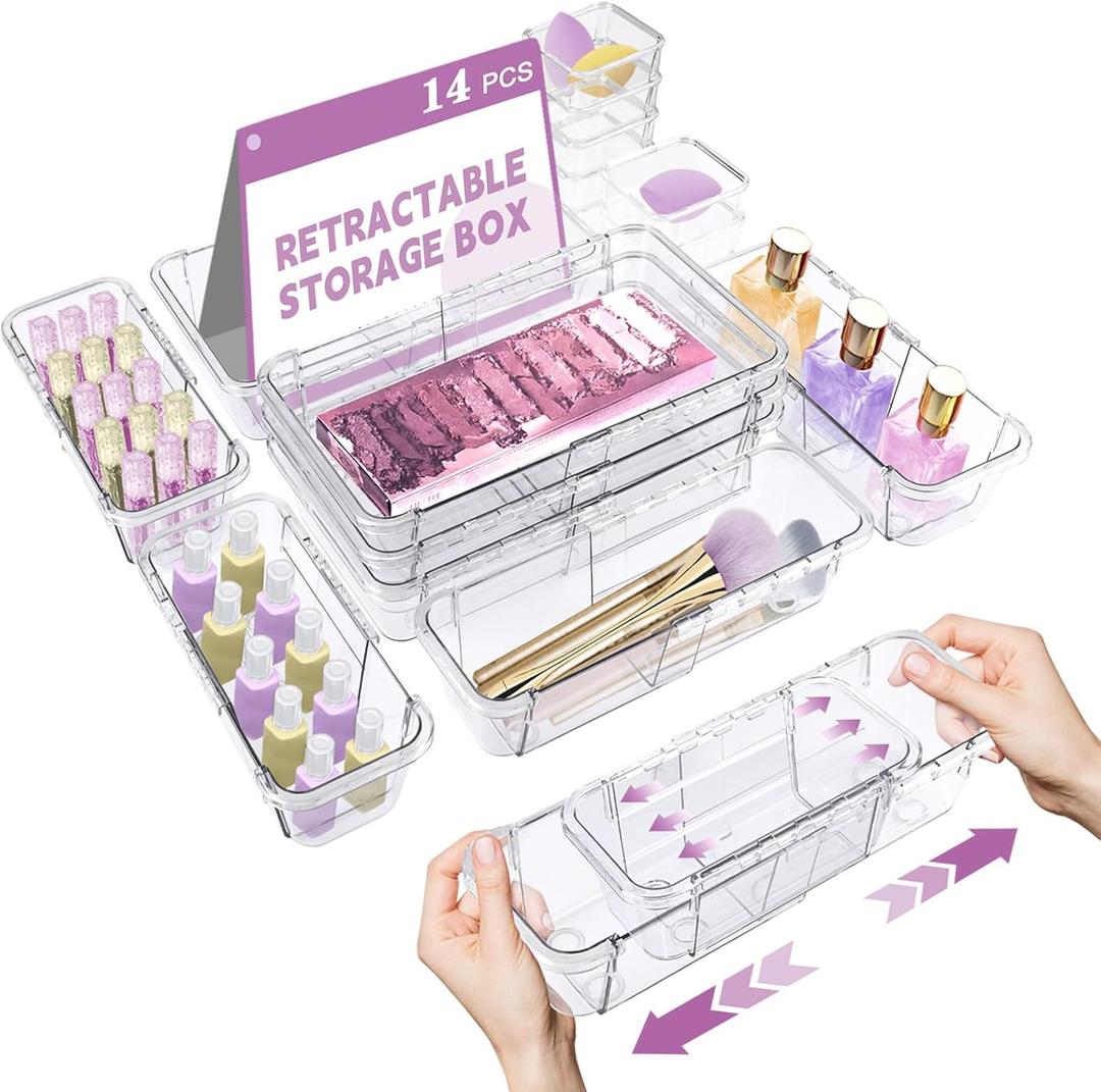14 Pcs Clear Drawer Organizer, Adjustable Drawer Storage Box, 3-Size Desk Drawer Organizer, Acrylic Storage Bins for Makeup, Cosmetic, Kitchen Utensils, Bedroom Dressers Tool Organizer for Gadgets