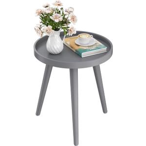 Apicizon Round Grey Side Table, Tray Nightstand Coffee End Table for Living Room, Bedroom, Small Spaces, Easy Assembly Bedside Table, 15 x 18 Inches