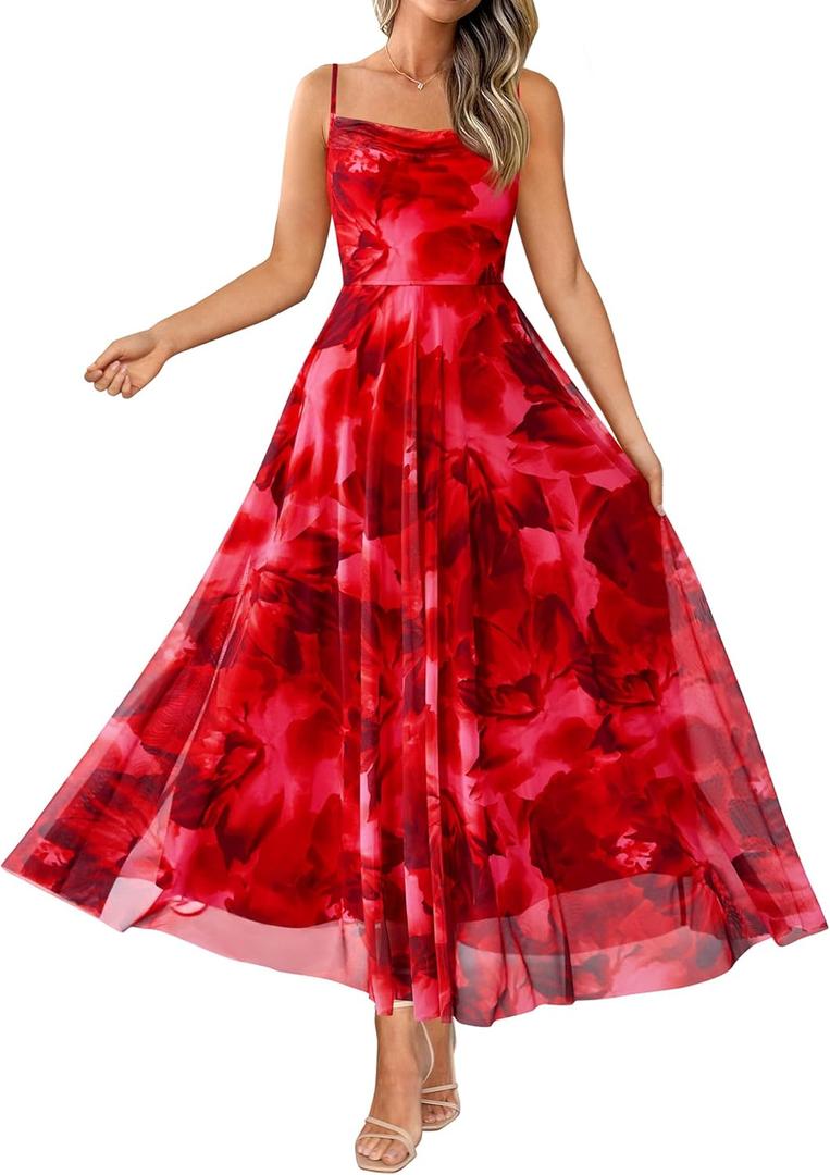 BTFBM Women Summer Floral Maxi Dresses Elegant Spaghetti Strap Dress Printed Party Dress Beach Long Dresses (Large)