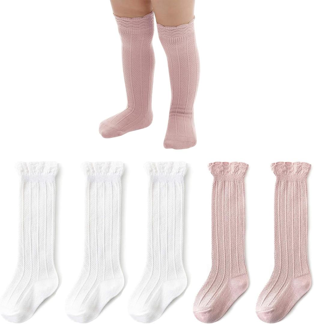 American Trends Baby Knee High Socks - Girls & Boys Newborn to Toddlers - Ruffled Tube Socks (1-3T, A 5 Pack Pink & White)