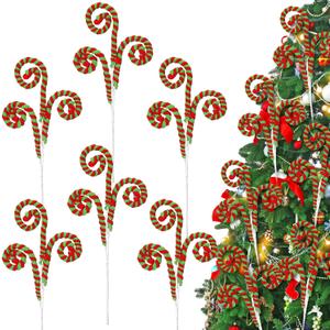 Janinka 12 Pcs Red Green Candy Christmas Tree Picks 11.81 Inches Woolen Bells Candy Cane Curly Picks for Xmas Tree Topper Branches Ornaments Vase Filler Home Decor