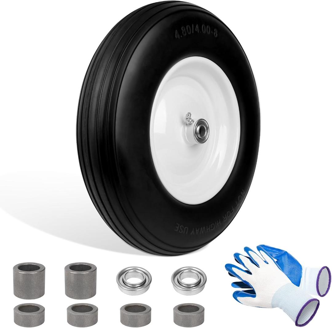 4.80/4.00-8 Flat Free Tire, 14.5" Wheelbarrow Tires with 3" - 7" Centered Hub, 3/4" or 5/8" Bushing, Universal Replacement Wheels Fits for 3.50/2.50-8, 4.00-6, 4.00-8, 1 Pack, Outdoor Use