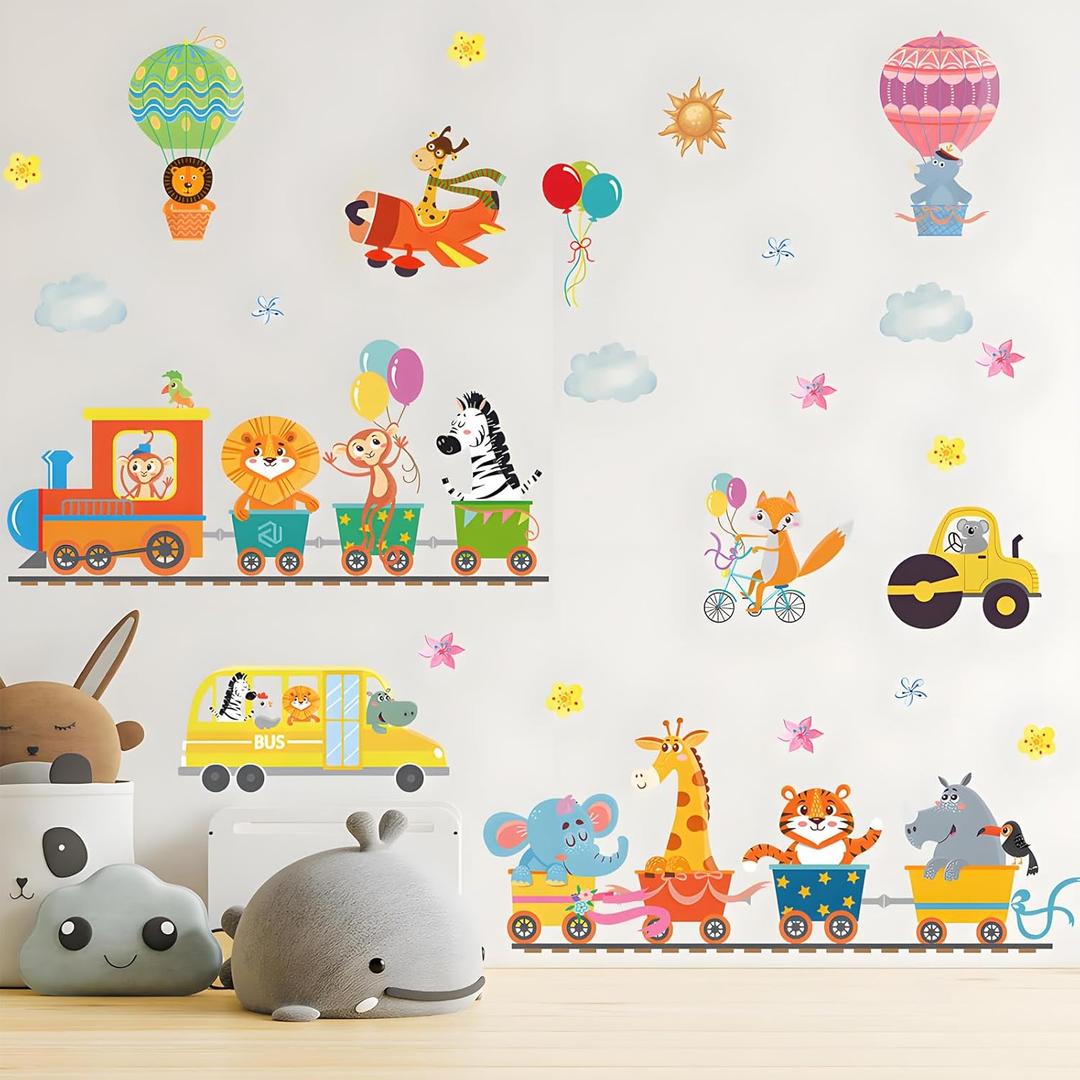 Jungle Animal Wall Stickers Cartoon Train Hot Air Balloon Safari Wall Decals Kid Room Nursery Baby Bedroom Dcor (Train Hot Air Balloon Animals)