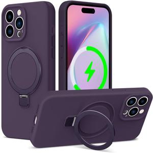 ZHK Liquid Silicone Designed for iPhone 15 Pro Case with Magnet Stand, [Precise Camera Lens Protection][Mil-Grade Drop Shockproof][Soft Anti-Scratch Microfiber Lining] Slim Fit Cover, Purple