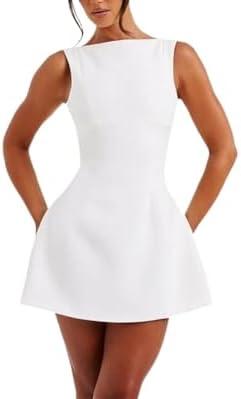 BNGD Women's Backless Vest Basic Dress Sexy Slim Short Dress Sleeveless Open Back Mini Dresses, White, L