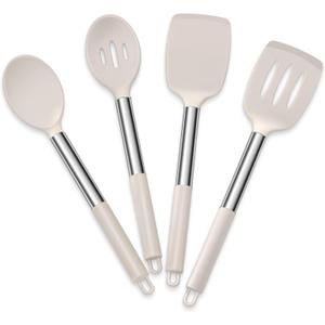 E-far Cooking Utensils Set of 4, Silicone Kitchen Utensils for Non-stick Cookware, Heat Resistant & Non-toxic Slotted Spatula Solid Spoon Turner for Flipping Mixing Serving Basting(Khaki) (13.5 Inch, 13.2 Inch, 12.6 Inch, 12.8 Inch)