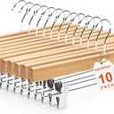 HOUSE DAY Wooden Pants Hangers with Clips, Solid Lotus Deluxe Wood Skirt Hangers, Heavy Duty & Anti-Rust Hook for Wrinkle-Free Slacks, Skirts, Jeans, Space Saving for Closet 10 Pack (Natural)