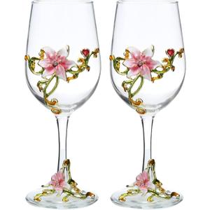 Wine Glasses Set of 2, Handcrafted Enamel Flower Red Wine Glasses Champagne Glasses Pretty Floral Goblets for Women Mom Friends Mothers Wife (Pink)