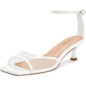 ISNOM Womens Mesh Kitten Heels Sandals Square Toe Ankle Buckle Strap Low Heels Comfort Summer Dress Shoes (White, US 8)