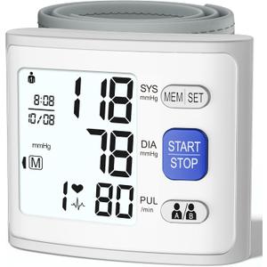 Wrist Blood Pressure Monitor LCD Display, Adjustable Wrist Blood Pressure Cuff 90x2 Reading Memory Wrist Bp Monitor with Storage Case(White)