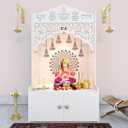 Divine Wooden Pooja Mandir for Home with Spacious Shelf & Inbuilt Focus Light - Temple for Home Floor Rested Pooja Mandir with Doors 31" Height Medium White | Festive Decor | Indian Temple