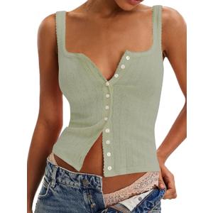 Women's Tank Tops Fitted Summer Sleeveless Button Down Vest Tops Trendy Henley Shirts Beach Vacation Outfit 2025 (Army Green)