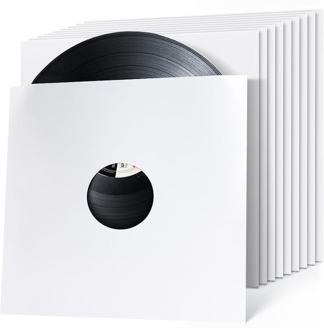 10PCS Vinyl Record Paper Sleeves Kraft Paper Covers Record LP Jackets Cardboard with Center Hole Dust Sleeves for Vinyl Recodes (12 INCH, White)