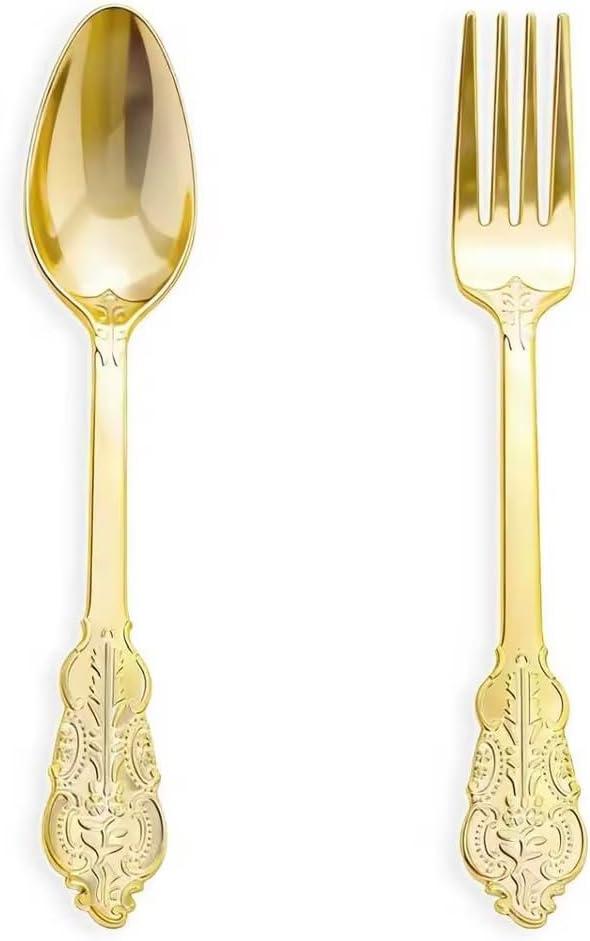 N9R 200PCS Gold Spoons and Forks Set, Heavy Duty Gold Plastic Silverware Set Fancy Disposable Utensils for Parties, Elegant Cutlery Sets for Wedding, Birthday(100 Forks & 100 Spoons)