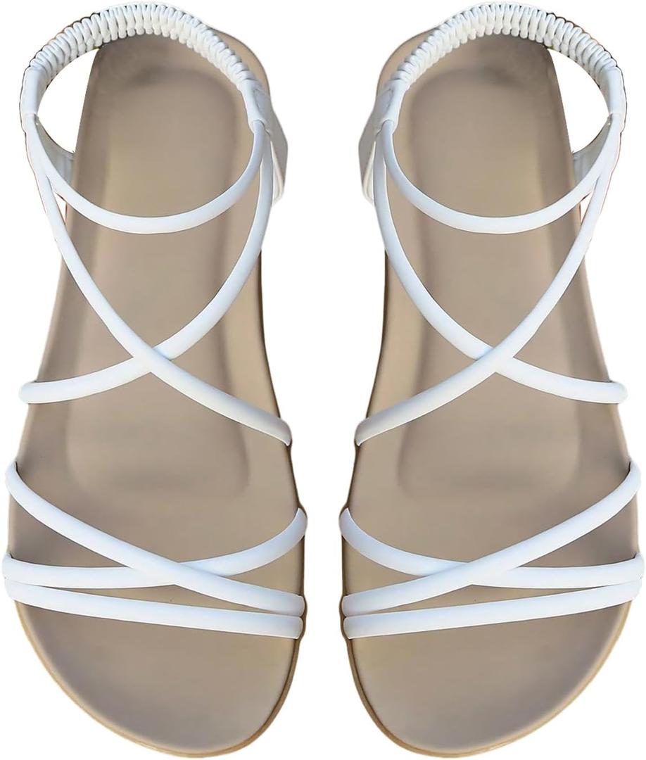 GORGLITTER Women's Strappy Flat Sandals Dressy Open Toe Ankle Strap Summer Beach Thong Slides Vacation Shoes (White, L)