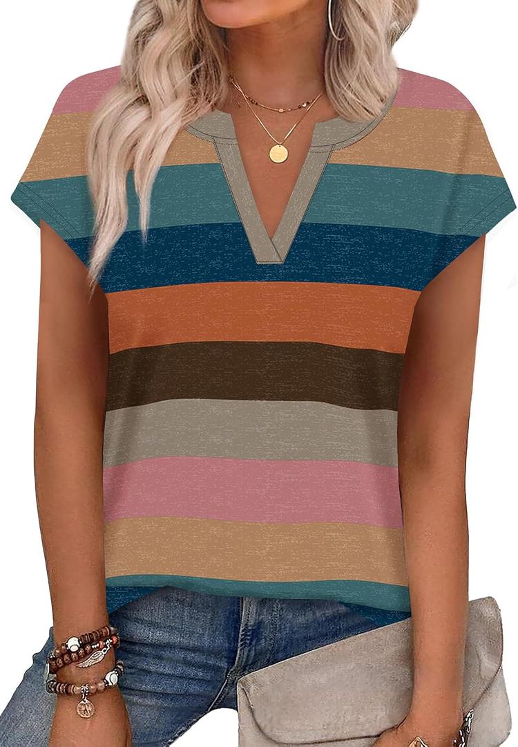 WIHOLL Womens Summer Tops V Neck T Shirts Cap Sleeve Business Casual Outfits Loose Fit Beach Vacation Clothes Basic Tees (XXL)