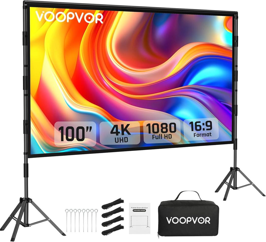 Outdoor Projector Screen and Stand: VOOPVOR 100 inch Portable Projector Screen Indoor - Upgraded Movie Screen 16:9 4K HD - Wrinkle-Free Lightweight Projection Screen with Carry Bag for Backyard Night