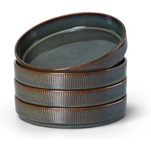 E-far Pasta Bowls Set of 4, 35oz Large Salad Bowl Plate for Dinner Serving, Wide & Shallow Ceramic Stoneware Pasta Plates, Microwave & Dishwasher Safe, Reactive Glaze Textured Stripes, Blackish Green