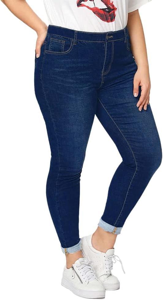 ALLABREVE Womens Plus Size Skinny Jeans Stretchy High Waisted Ankle Jean Ripped Slim Fit Washed Denim Distressed Tight Jean (3X-Large, Elastic Waist Dark Blue)