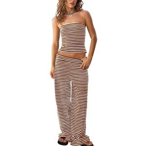 Womens Striped 2 Piece Sets Summer Strapless Crop Tube Tops Wide Leg Pants Matching Lounge Set Vacation Outfits Brown XS