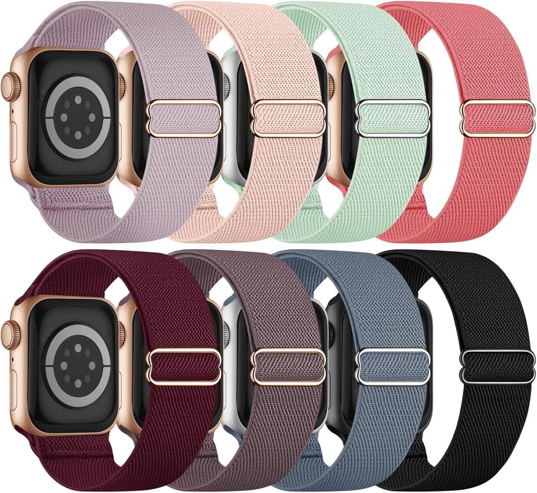 8 Pack Stretchy Solo Loop Band Compatible with Apple Watch Bands for Women Men 40mm 38mm 41mm 42mm 44mm 45mm 46mm 49mm, Nylon Braided Elastic Strap for iWatch Series 10 9 8 7 6 SE 5 4 3 Ultra Ultra 2 (Black/Wine/Smoke Violet/Blue Gray/Lavender/Light Pink/Light Green/Peach Red)