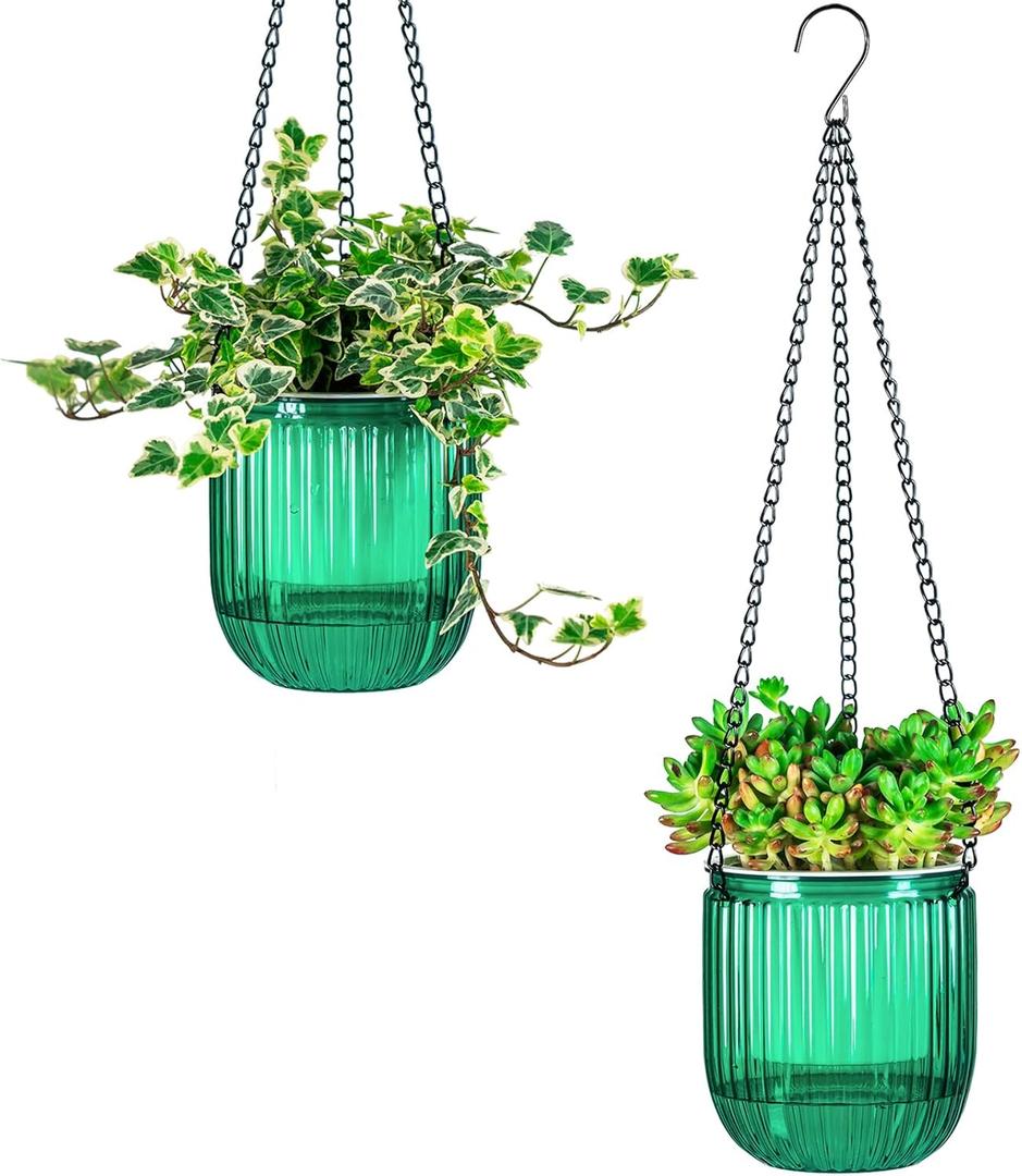 Josteve 4.5 Inch 2 Pcs Self Watering Hanging Planter Indoor Plant Pots Drainage Holes, Outdoor Small Hanging Planters Flower Pot Basket, Visible Water Level, Plant Hanger Home Decor, Gardening (Emerald)