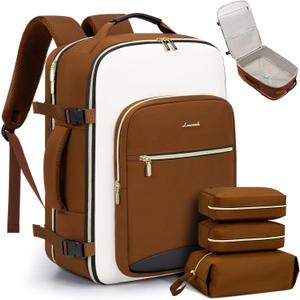LOVEVOOK Travel Backpack for Women Men as Personal Item Flight Approved, 40L Luggage Carry On Backpack,17.3inch Large Daypack Laptop Backpack Waterproof Outdoor Sports with 3 Packing Cubes,Beige-Brown