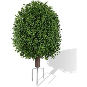 INSPRING 27'' Artificial Boxwood Topiary Trees Outdoor Fake Bushes Plants UV Resistant Evergreen Shrubs with Metal Ground Spike for Porch Patio Garden, 1 Pack