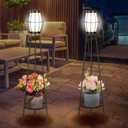2 Pack Solar Lights Outdoor with Plant Stands, Solar Floor Lamps, Black Metal Tripod Deck Lights, Patio Decor for Garden Yard Pathway Driveway Porch