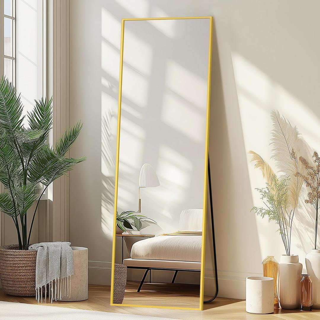 Delma Full Length Mirror,Large Floor Mirror with Aluminum Frame for Bedroom, Bathroom, Living Room,Wall Mount or Freestanding Design(with Stand,Rect 56x15-Gold)