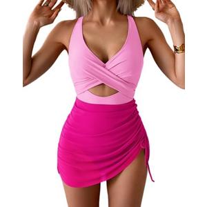 B2prity Women Mesh One Piece Swimdress Swimsuit Tummy Control V Neck Cutout Bathing Suit Wrap Drawstring Sarong Swimwear. Size M