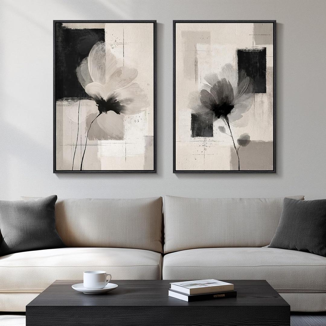 Framed Neutral Abstract Floral Wall Art, 2 Piece Black and Beige Minimalist Canvas Prints Paintings Artwork for Walls, Modern Elegant Pictures for Living Room Dining Room Bedroom Wall Decor 20x30 In