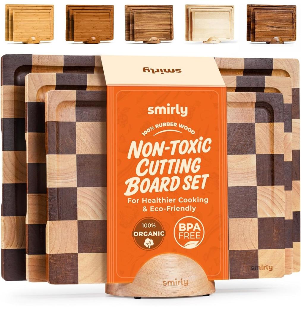 SMIRLY Wood Cutting Boards for Kitchen Wooden Chopping Board Set Reversible with Deep Juice Grooves Grip Handles, Large Charcuterie Tray for Home Kitchen, Rubber Wood, 3Pcs with Holder, 3 Pack With Holder