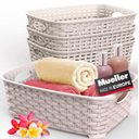 European Made Plastic Storage Bins, Heaviest Duty, Household Organizer Bins for Bathrooms, Bedrooms, Kitchens, Laundry Room, Cabinets, Shelves, 4 Pk, Beige