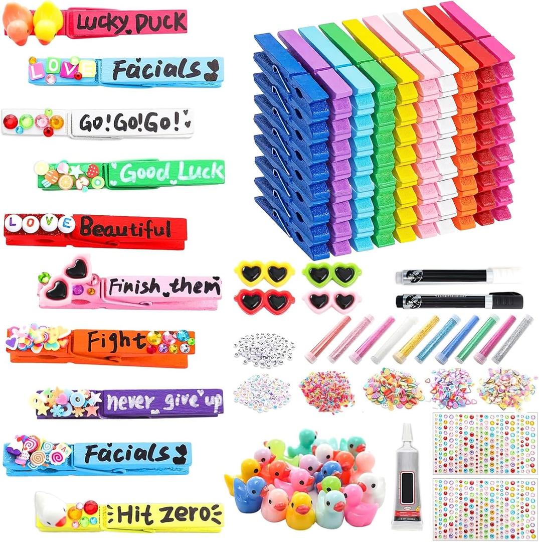 50 Sets Cheer Pins Spirit Clips Clothes Wooden Cheer Pins for Backpacks Include Mini Resin Ducks Mini Glasses Stickers Diamonds and Glitter Cheer Clothespins Decoration Team Classroom Cheer Gifts Bulk