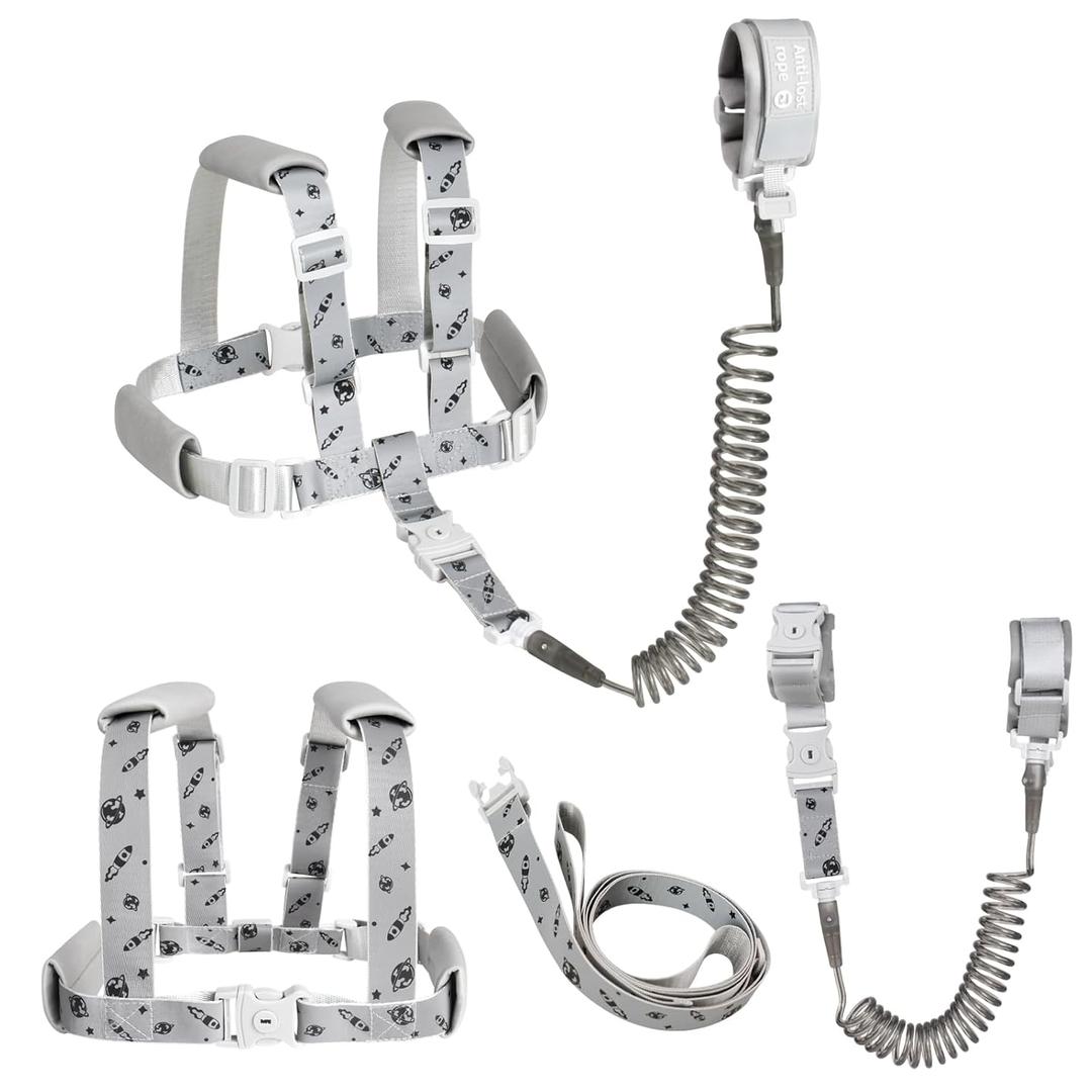 Toddler Leash & Harness, 4-in-1 Anti-Lost Safety Strap with Reflective Rocket Design for Boys & Girls - Ideal for Outdoor Activities, Travel, and Shopping (Gray)