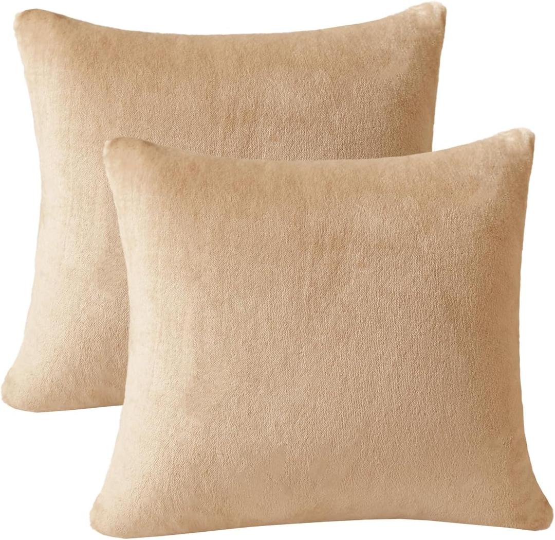 Flannel Throw Pillow Covers 2 Pack Super Soft Square Pillow Covers for Bedroom, Sofa, Super Cosy Fluffy Soft Flannel Pillowcase 20x20 Inches, Camel