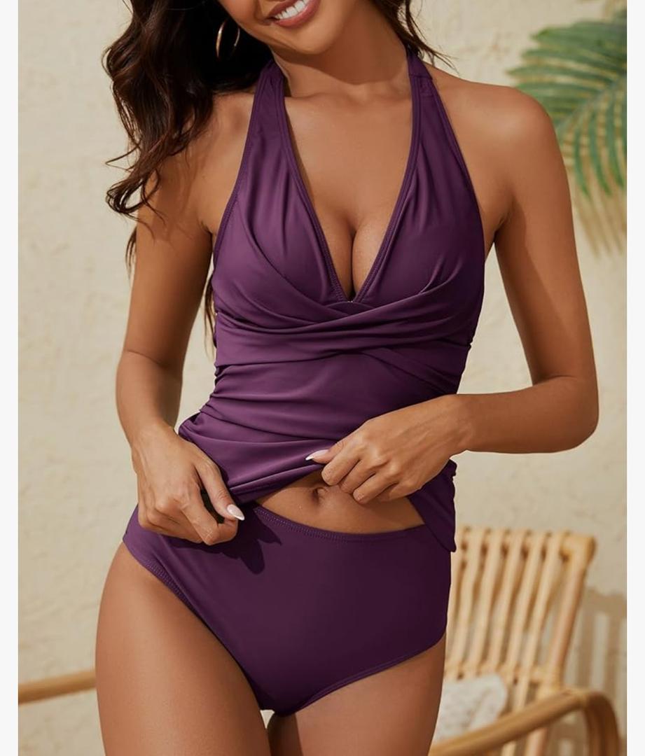 Womens V Neck Ruched Tankini Swimsuits, Tummy Control Halter Tie Back Two Piece Bathing Suits, Modest Swimwear with Shorts, M