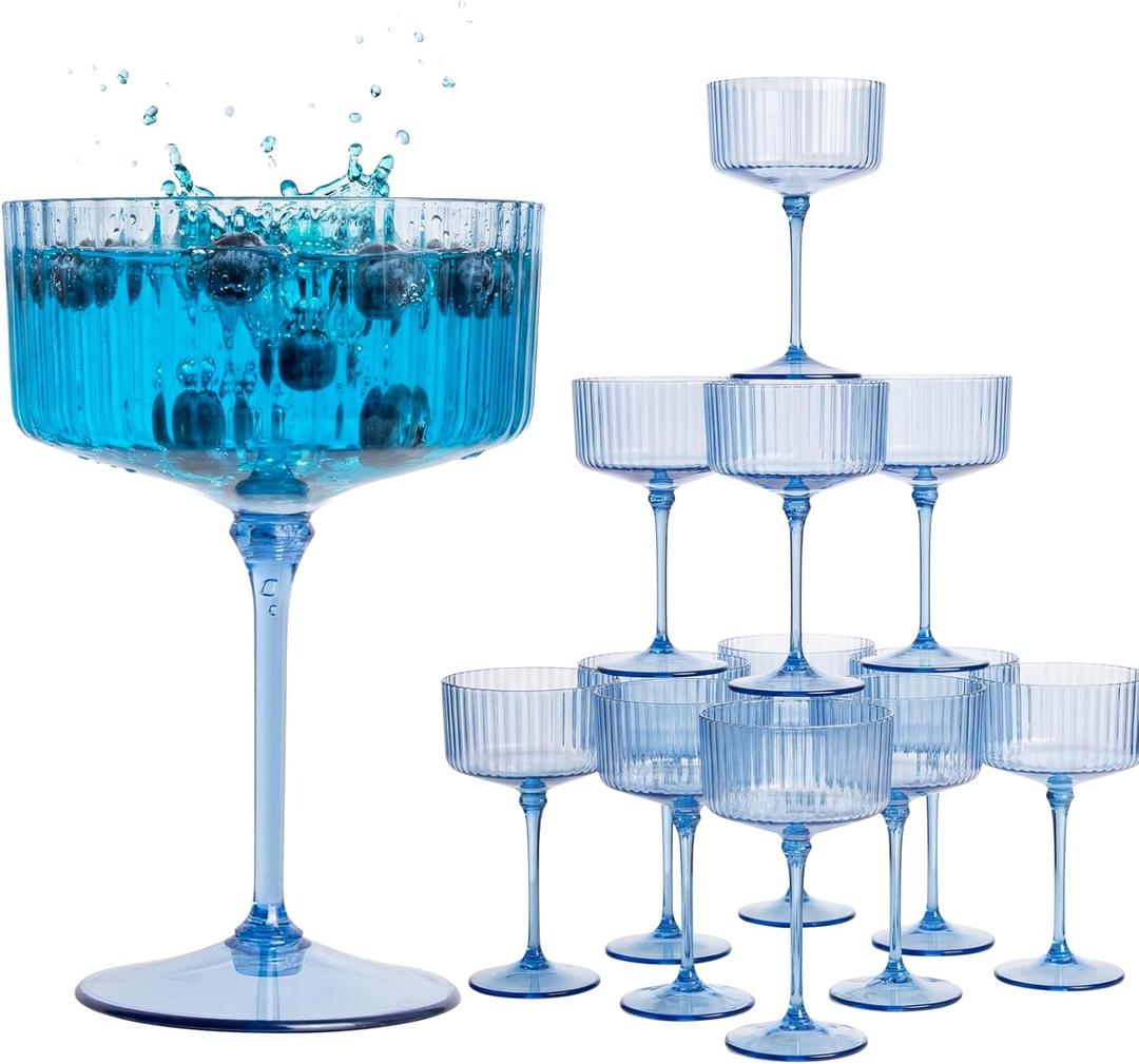 LIYH 20pcs Plastic Martini Glasses 10 Oz Blue Disposable Cocktail Coupe Champagne Tower Cups Perfect for Bar Cocktails Martinis Parties