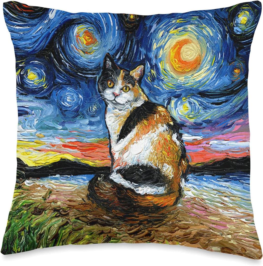 Calico Cat Starry Night Kitty and Moon Art by Aja Throw Pillow (16x16)